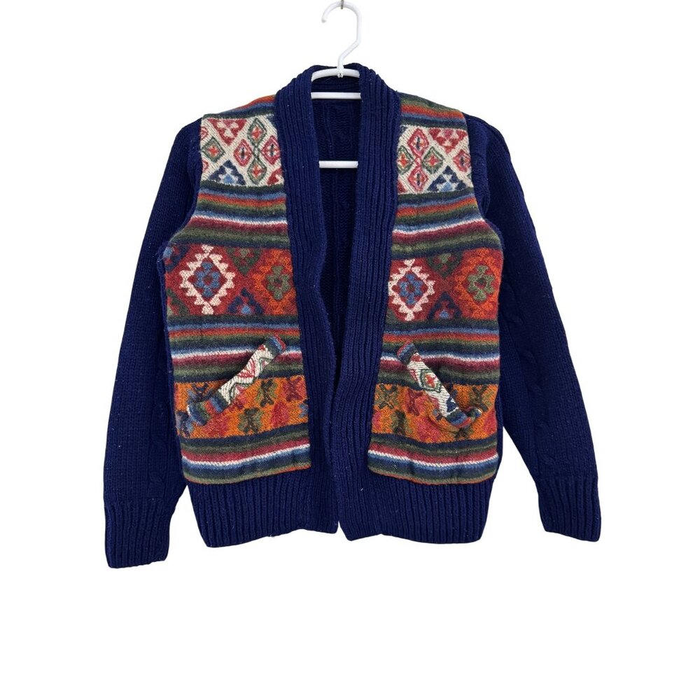 Handmade Wool Folk Blue Cardigan Sweater Shrunk Cropped Artisan Knit XS Petite